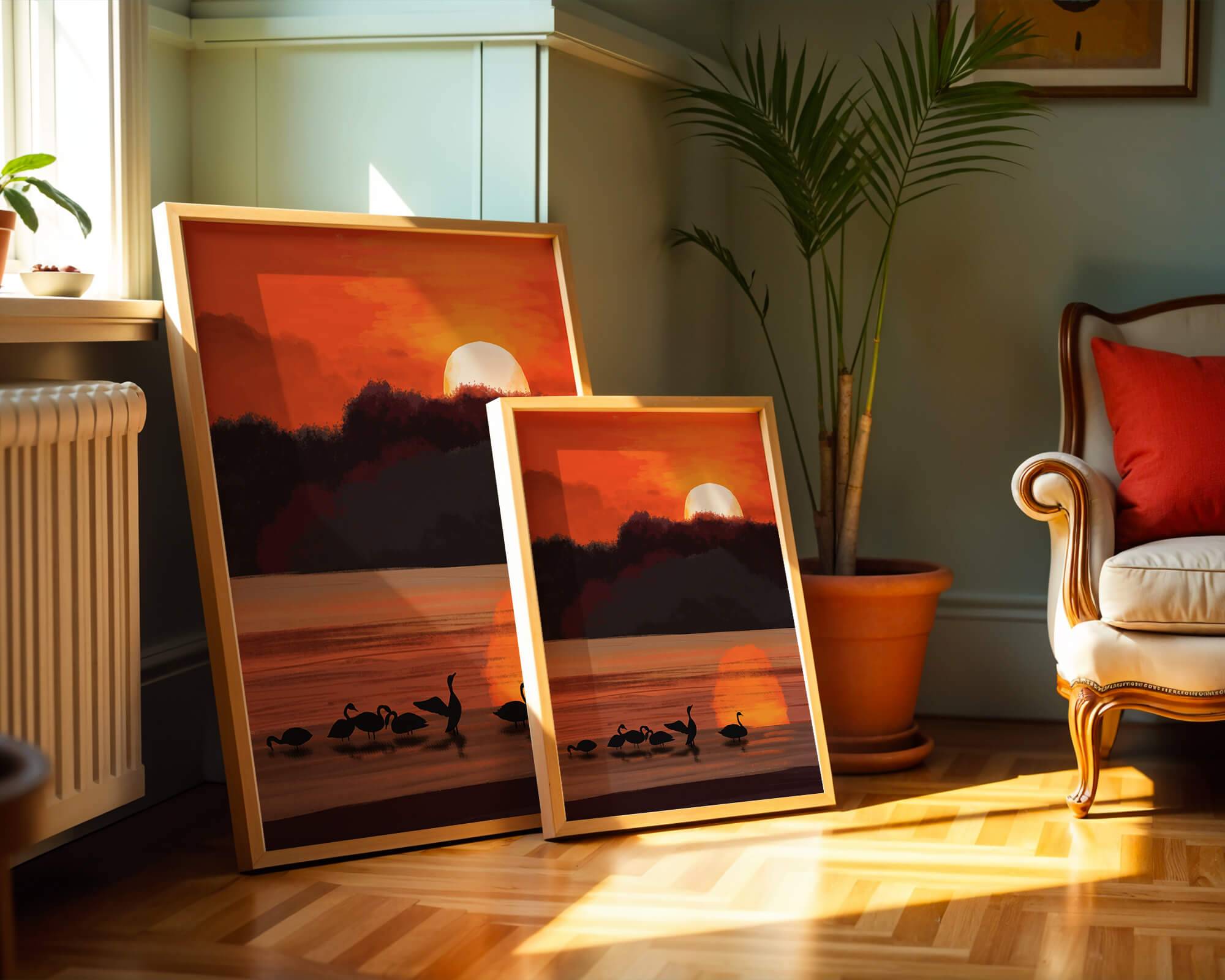 Serene sunset over a lake with silhouetted swans