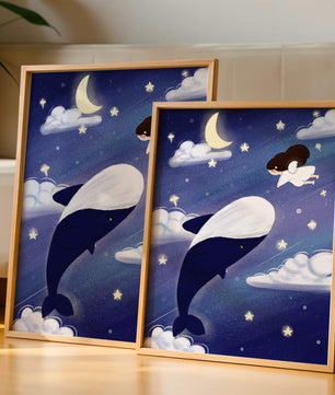 Whimsical night scene with flying angel and whale