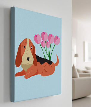 Illustration eines Basset Hound mit rosa Blumen auf hellblauem Hintergrund