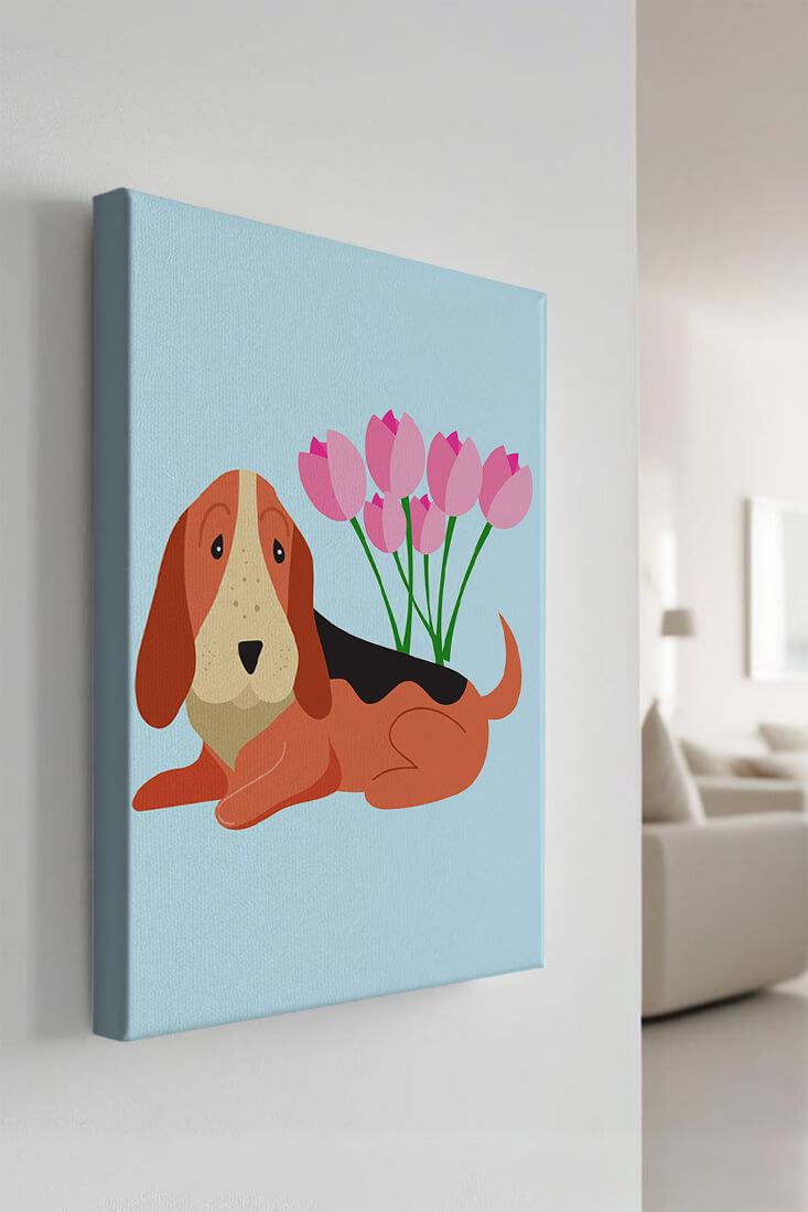 Illustration eines Basset Hound mit rosa Blumen auf hellblauem Hintergrund