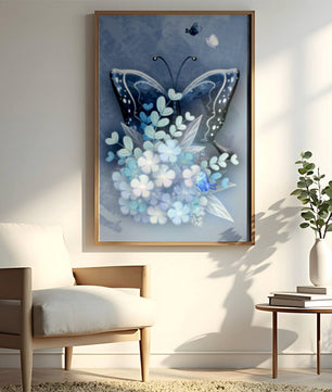 Elegant butterfly with blue floral arrangement artwork
