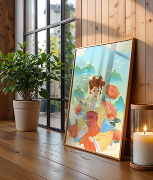 Traditional Asian Art with Woman in Hanfu Surrounded by Mountains and Peonies