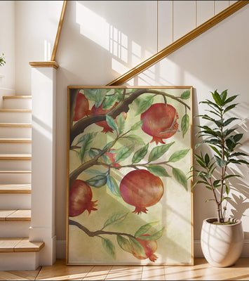 Watercolor illustration of pomegranates on a branch with leaves