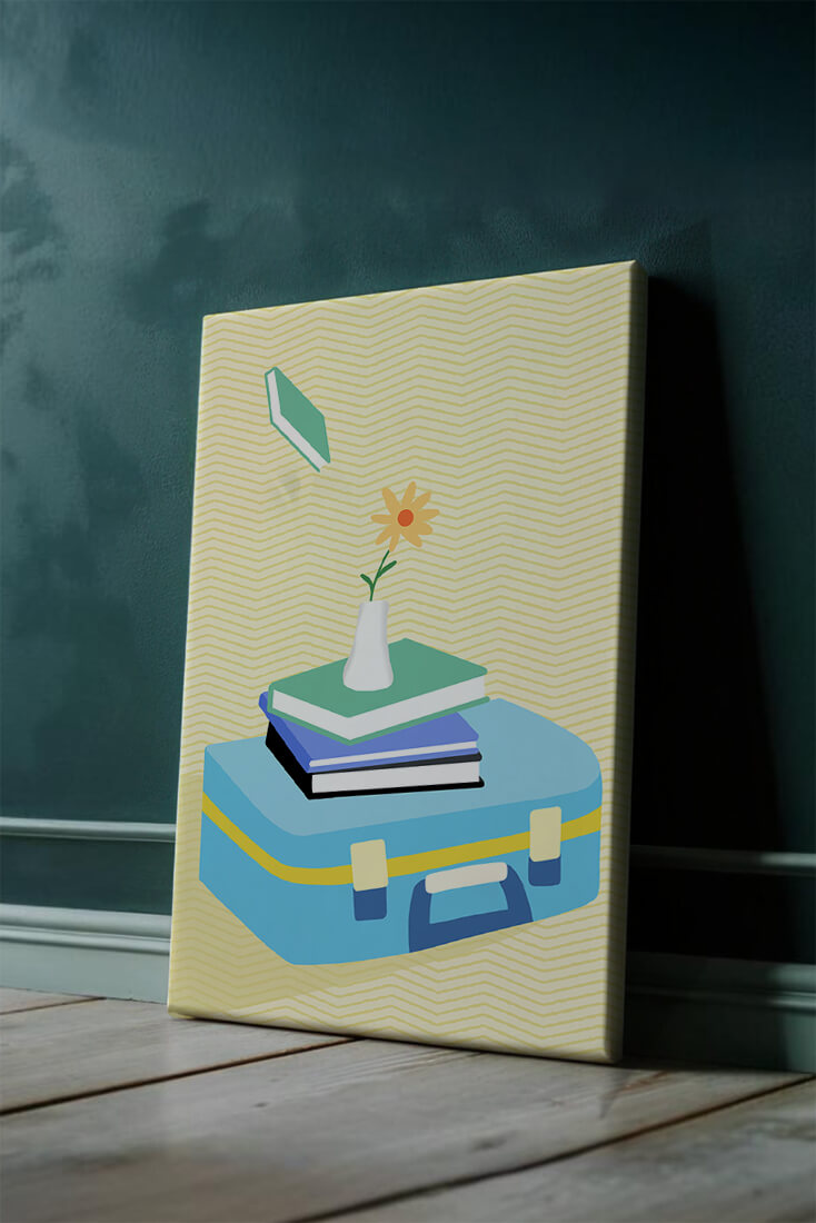 Colorful still life with books, flower vase, and suitcase