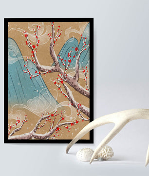 Traditional Japanese landscape with blooming cherry branches