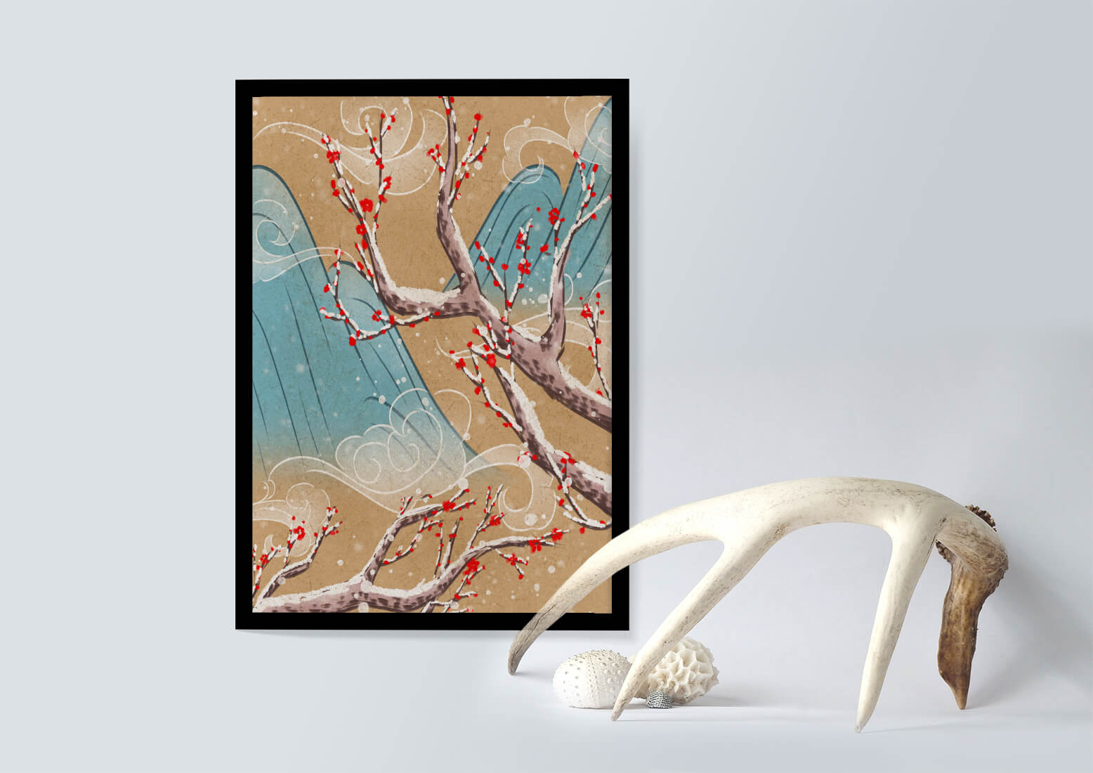 Traditional Japanese landscape with blooming cherry branches