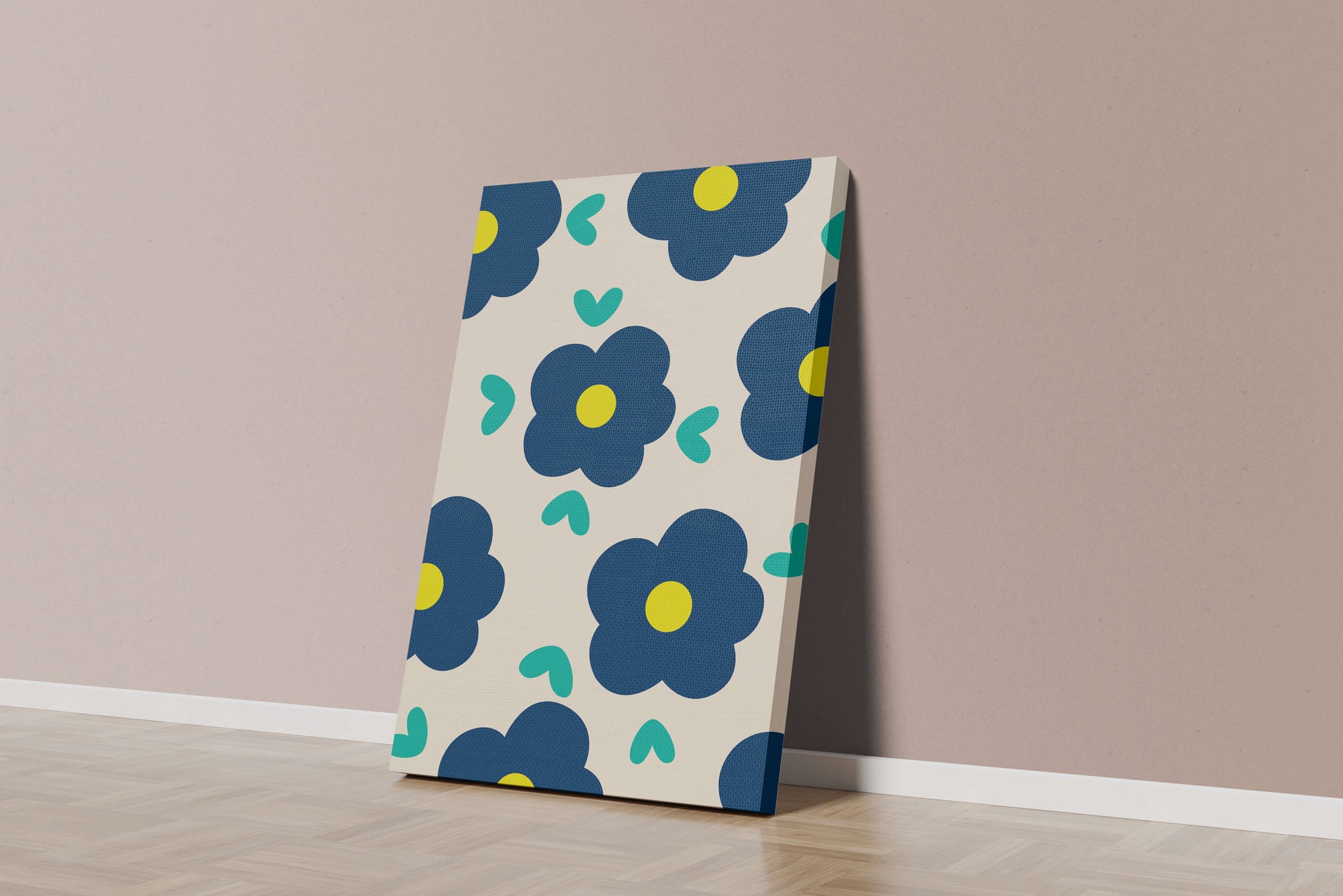 Blue floral pattern with yellow centers on cream background