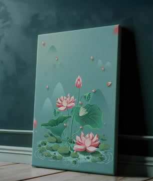 Illustration sereine de fleurs de lotus dans un étang paisible avec des montagnes