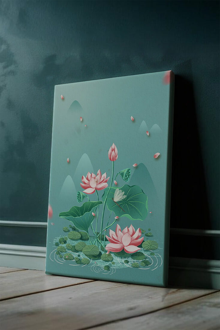 Serene illustration of lotus flowers in a tranquil pond setting with mountains