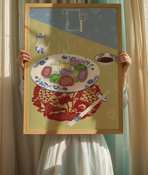Colorful dumplings and tea set on decorative mat