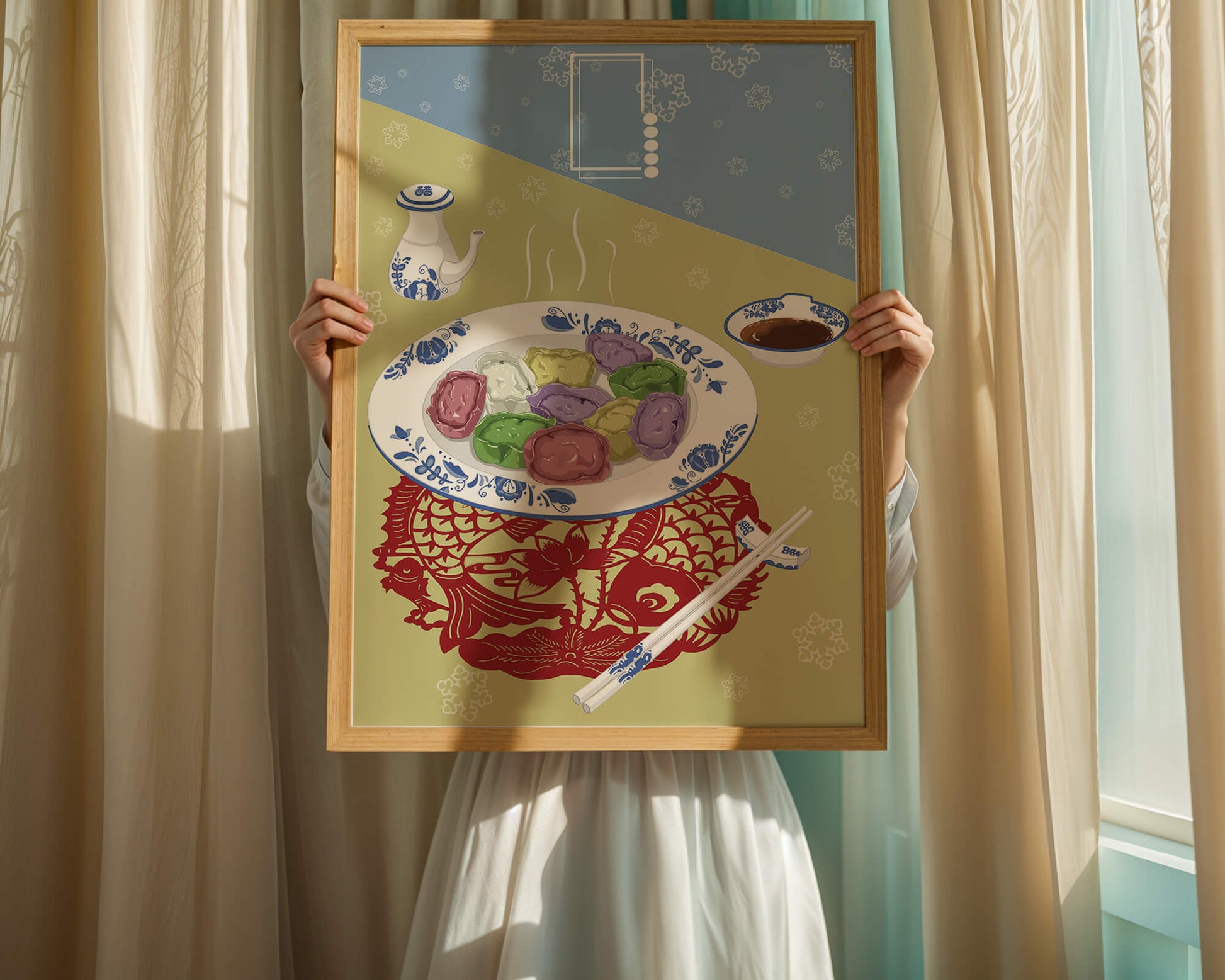 Colorful dumplings and tea set on decorative mat
