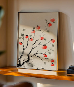 Elegant botanical illustration with vibrant red fruit on branches