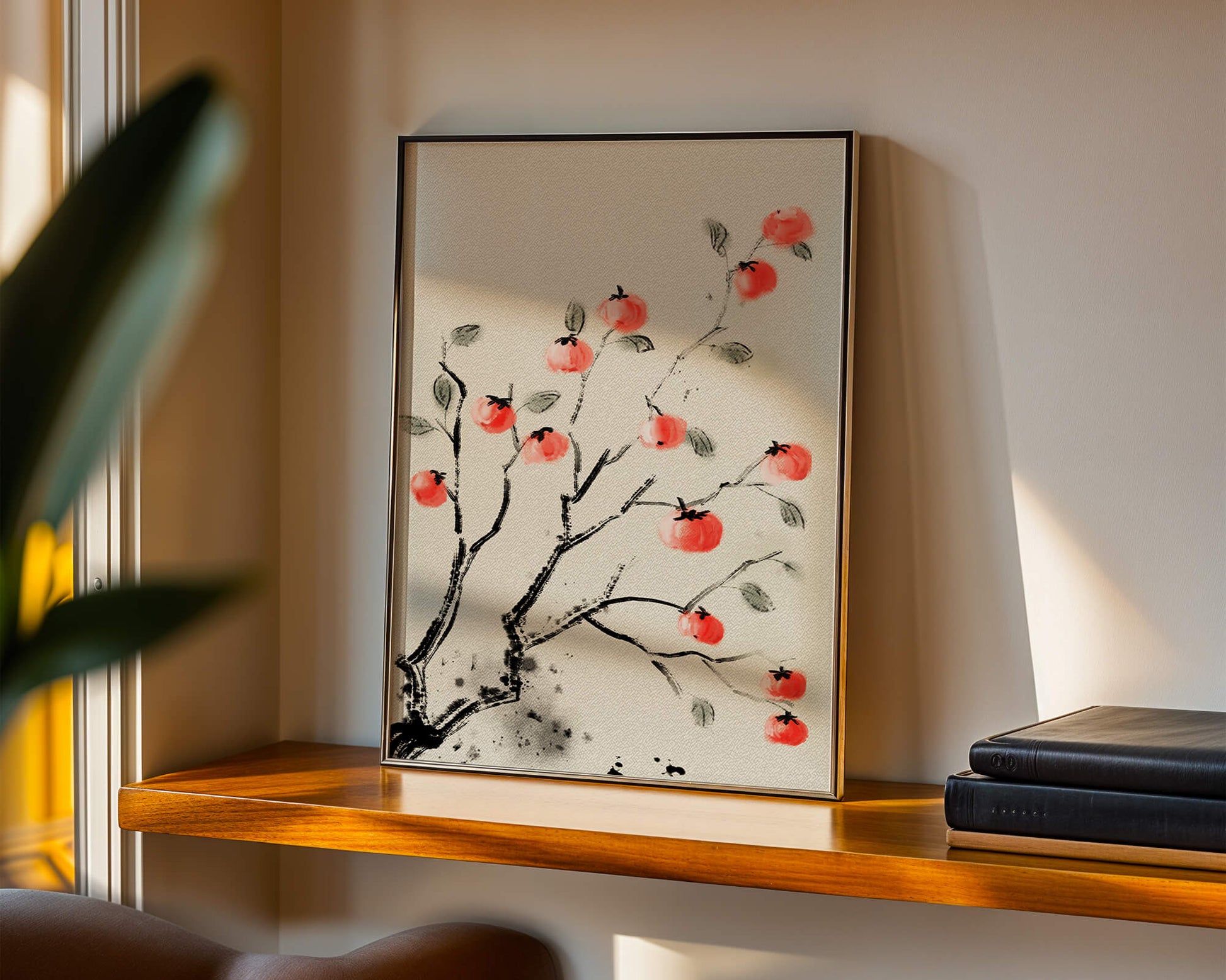 Elegant botanical illustration with vibrant red fruit on branches