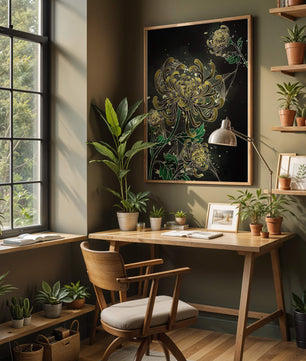 Œuvre élégante de chrysanthèmes dorés et verts sur fond sombre