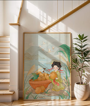 Paisaje sereno con una chica y una cesta de naranjas junto al agua