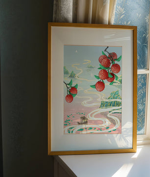 Idyllic Landscape with Lush Lychee Branches and Serene Waterscape