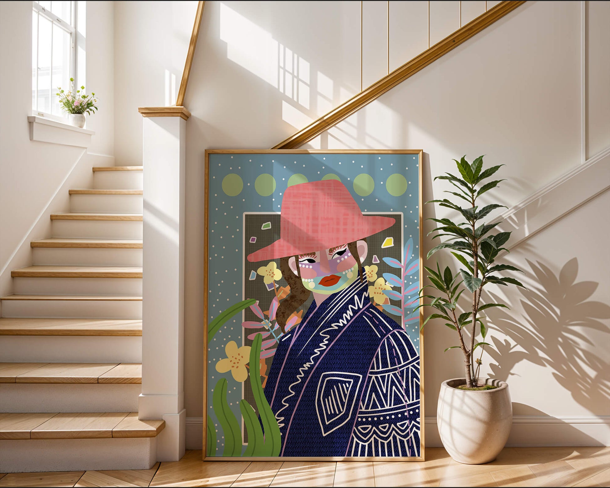 Retrato colorido con patrones y elementos abstractos