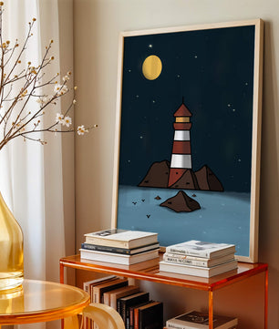 Escena nocturna tranquila con faro y estrellas que reflejan serenidad
