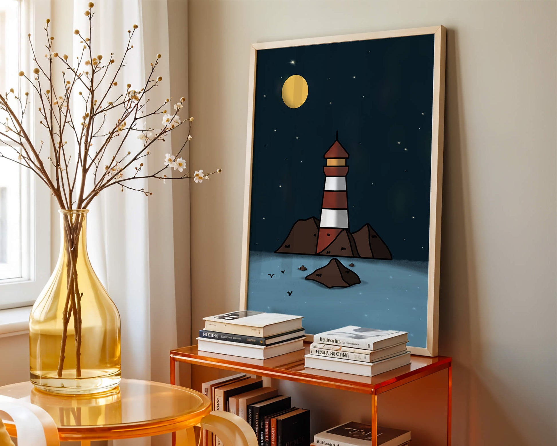 Escena nocturna tranquila con faro y estrellas que reflejan serenidad.