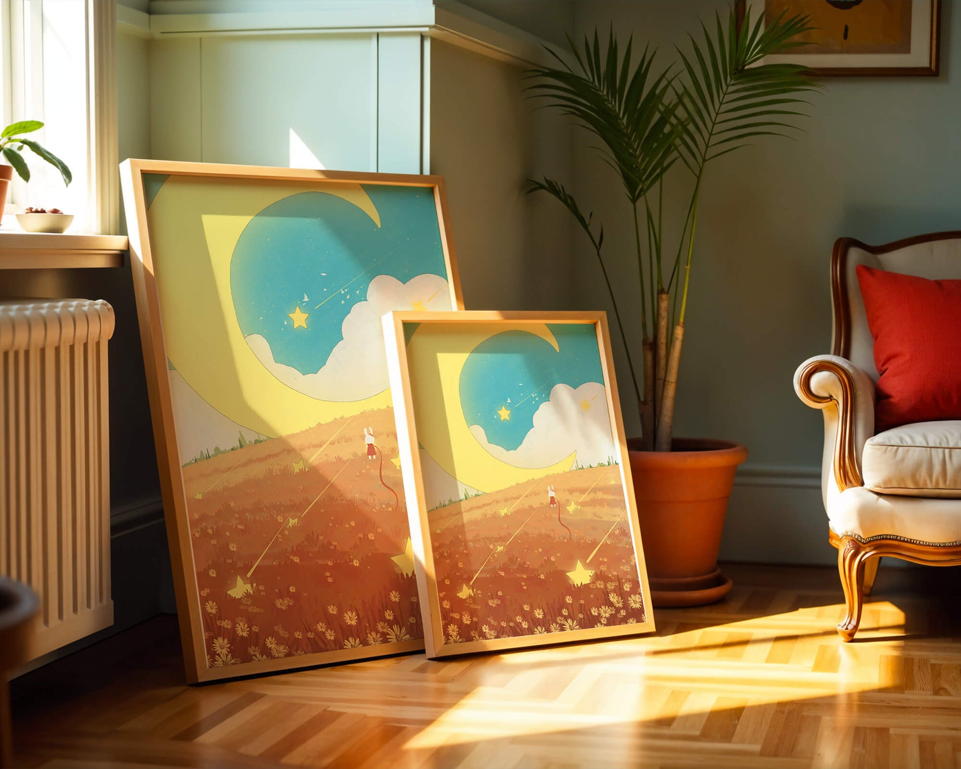 Dreamy Nighttime Landscape with Moon and Stars in a Field