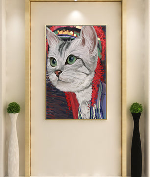 Illustrated cat portrait with colorful accents