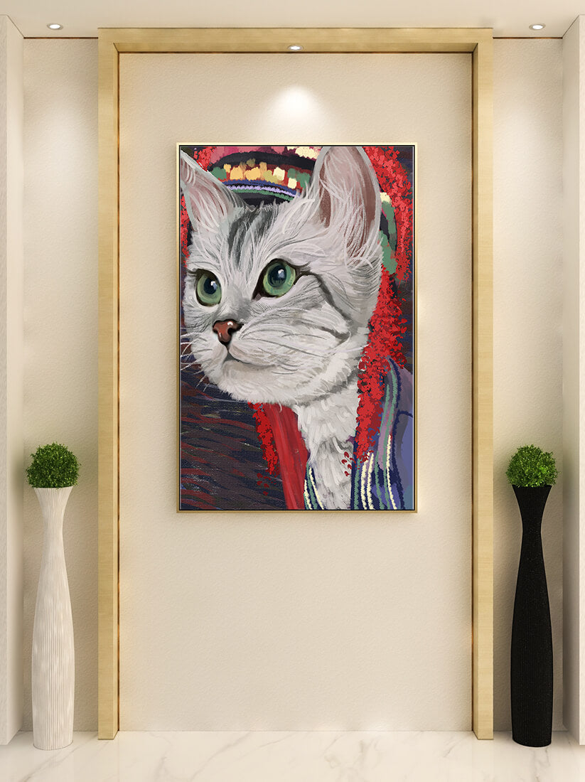 Illustrated cat portrait with colorful accents