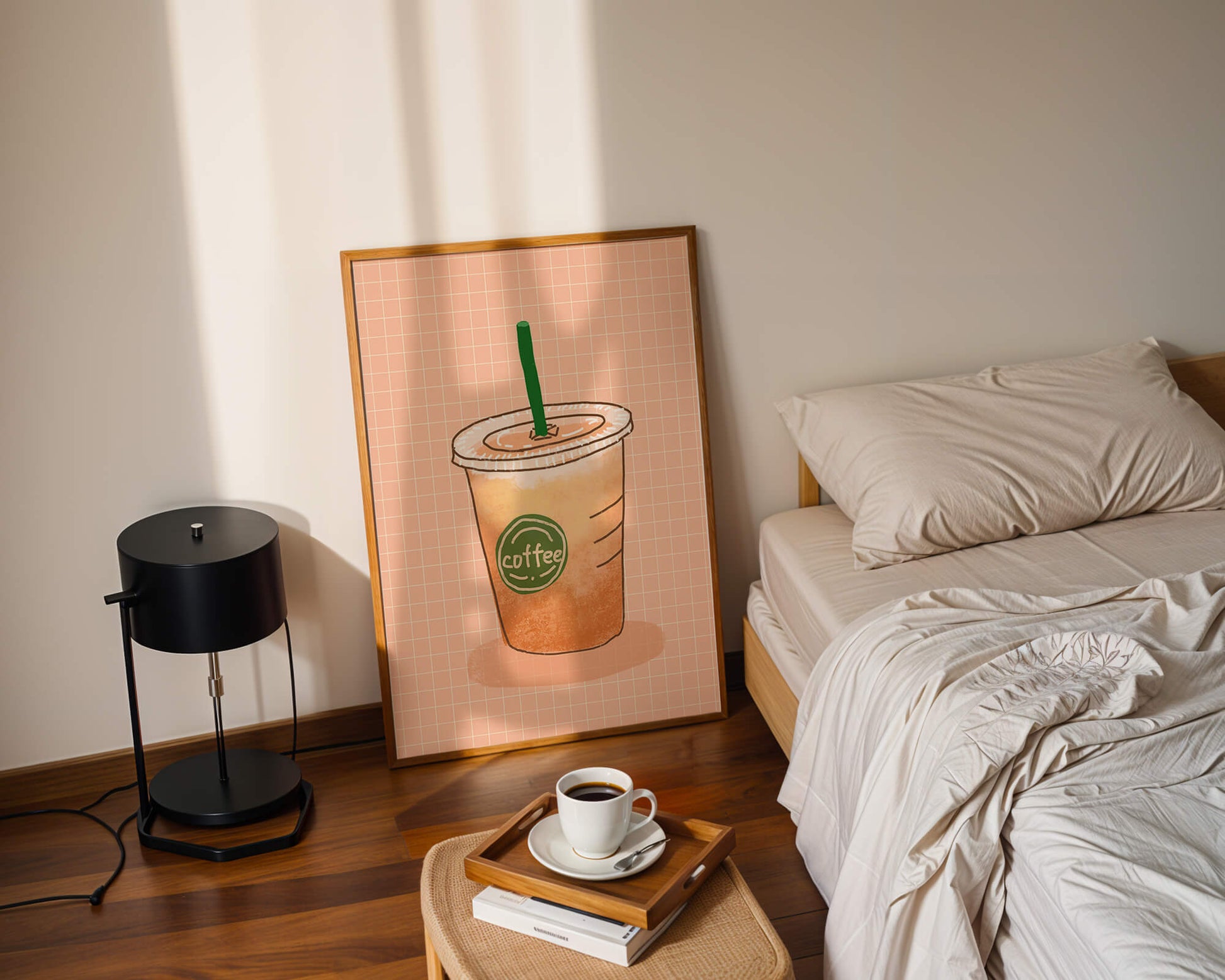 Illustrated iced coffee cup on peach grid background