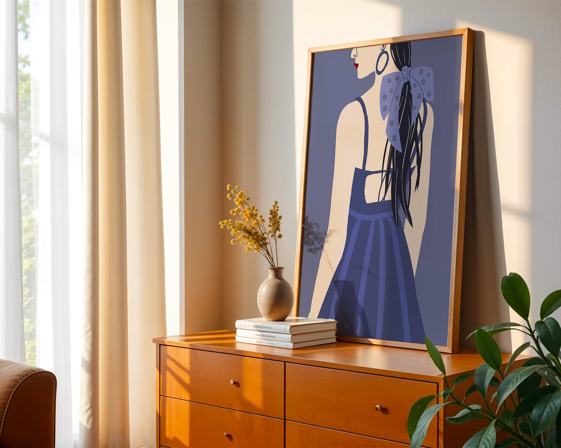 Stilvolle Illustration einer Frau mit gepunkteter Schleife und blauem Kleid