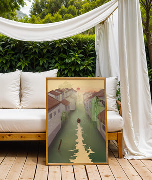 Escena de río tranquilo con arquitectura tradicional y atardecer
