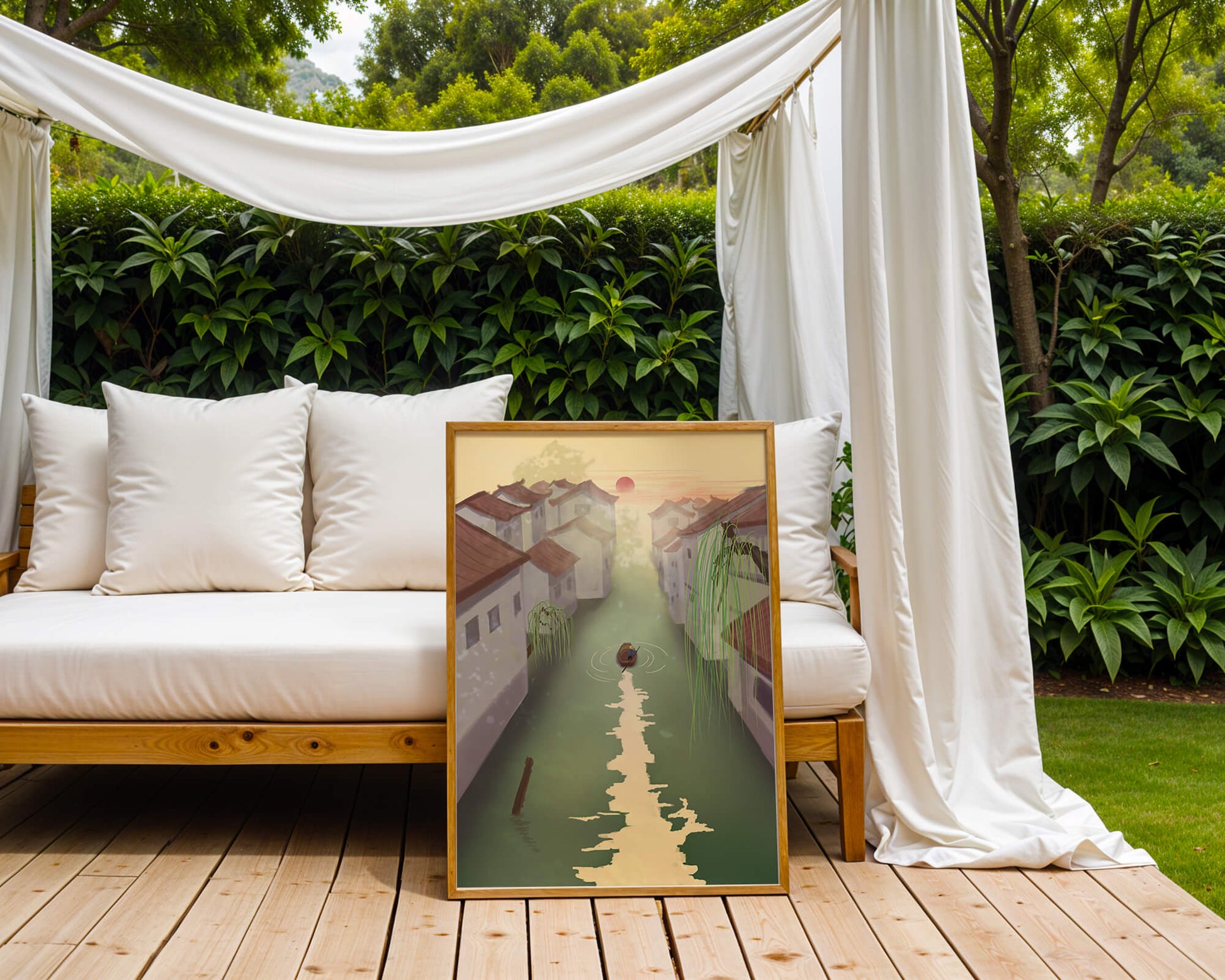 Tranquil river scene with traditional architecture and sunset