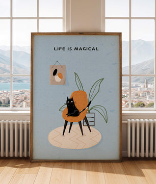 Charming Cat Relaxing on a Chair with Inspirational Quote and Art