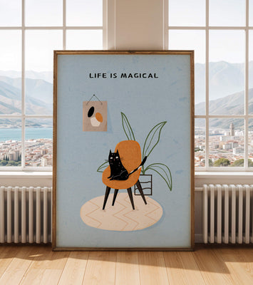 Charming Cat Relaxing on a Chair with Inspirational Quote and Art