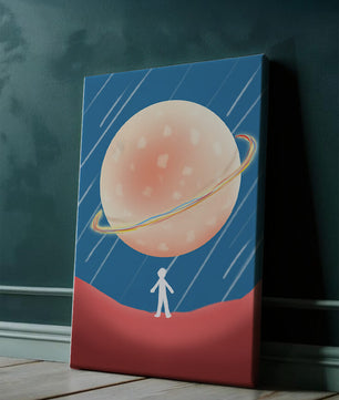 Illustration Of A Large Planet Against A Stardust Background With A Small Figure In The Foreground
