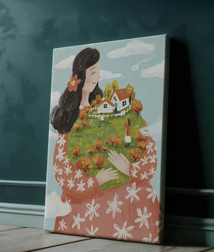 Femme fantaisiste tenant un paysage miniature avec famille et maisons