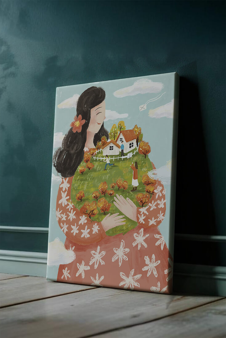 Whimsical Woman Holding Miniature Landscape with Family and Houses