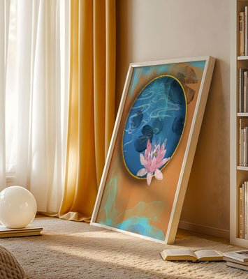 Abstract water lily art with gold accents on blue and orange background