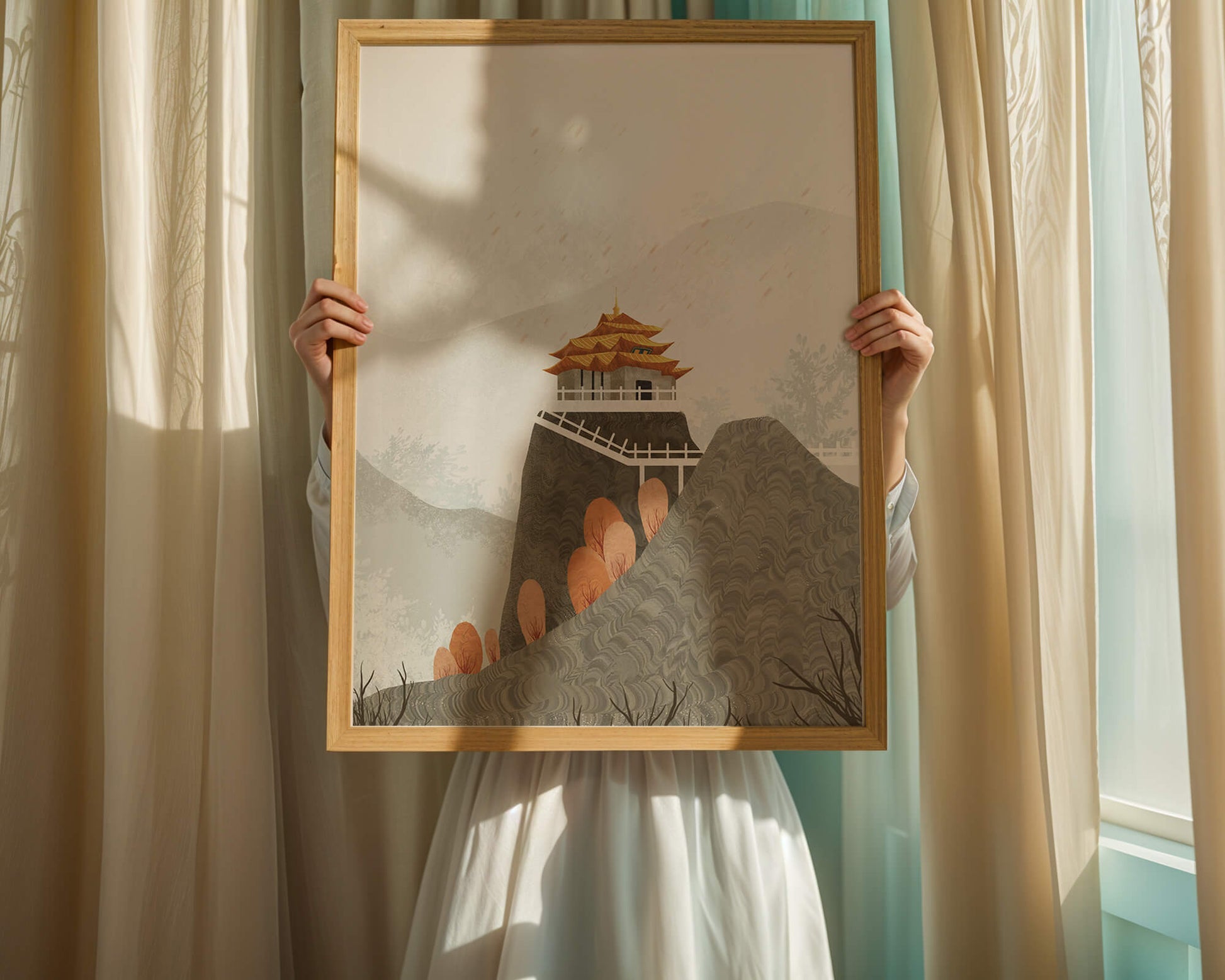 Serene landscape with traditional pagoda and autumn trees
