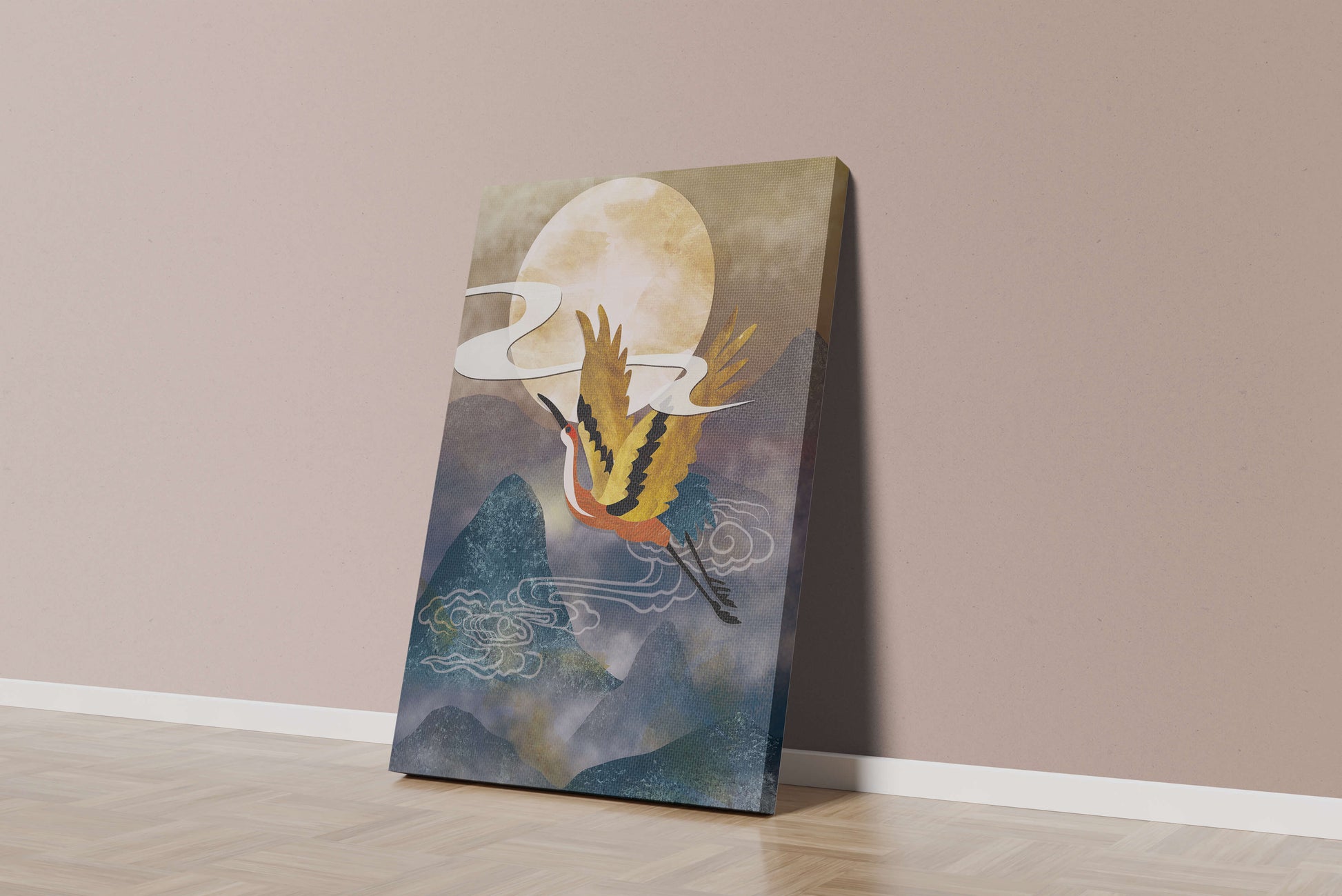 Majestic Gold-Crimson Crane Flying Over Misty Mountains in Moonlight
