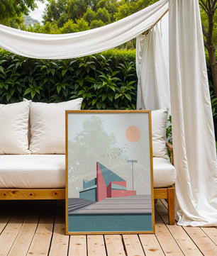 Ilustración arquitectónica moderna con diseño geométrico y atardecer