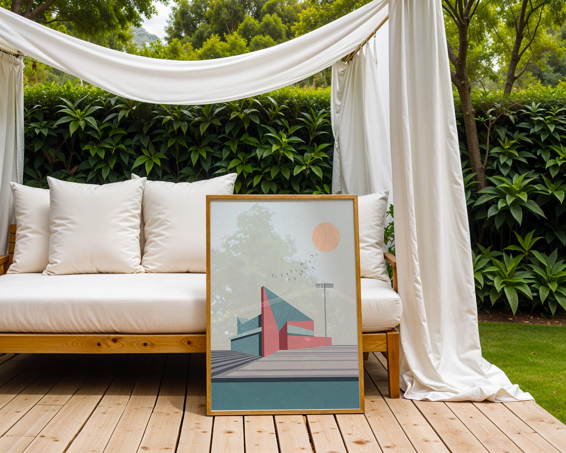 Ilustración arquitectónica moderna con diseño geométrico y atardecer