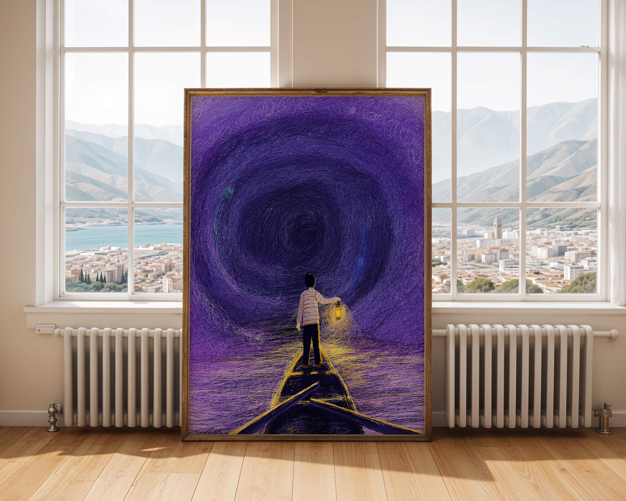 A boy holding a lantern on a boat in a swirling purple vortex