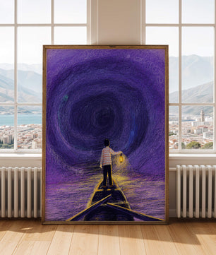 Ein Junge hält eine Laterne auf einem Boot in einem wirbelnden violetten Wirbel