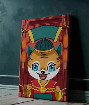 Tigre de dibujos animados colorido con linternas y elementos tradicionales