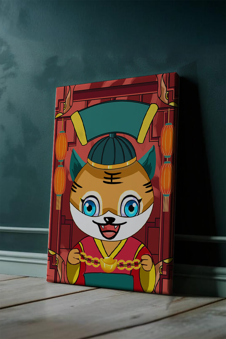 Colorful cartoon tiger with lanterns and traditional elements