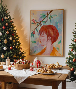 Illustrative artwork of a woman with red hair and floral branch