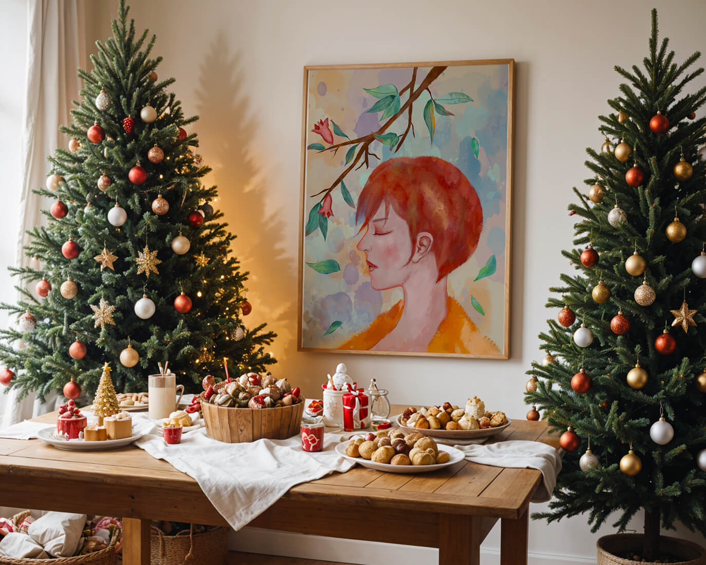 Illustrative artwork of a woman with red hair and floral branch