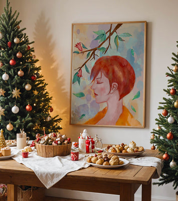Illustrative artwork of a woman with red hair and floral branch