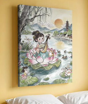 Traditional Asian Scenery with Girl Playing Instrument on Lotus Pond at Sunset