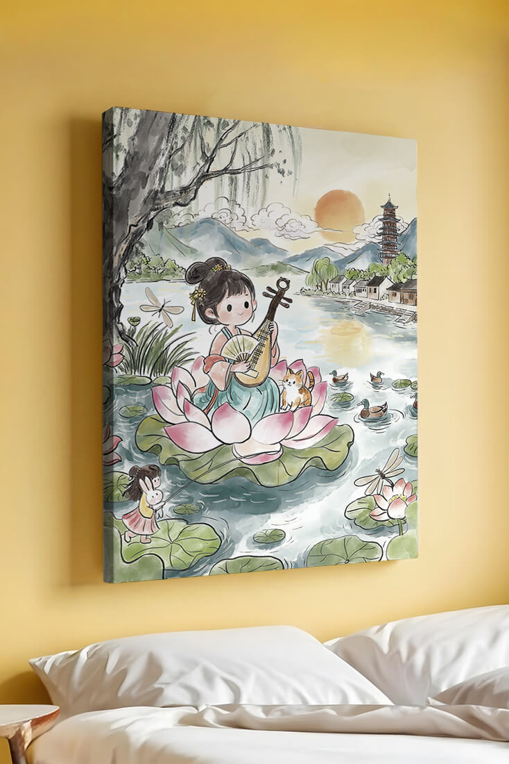 Traditional Asian Scenery with Girl Playing Instrument on Lotus Pond at Sunset