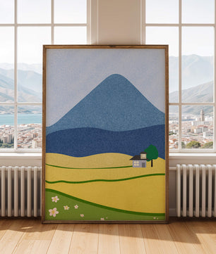 Serene Countryside Landscape with Mountain and Flowers